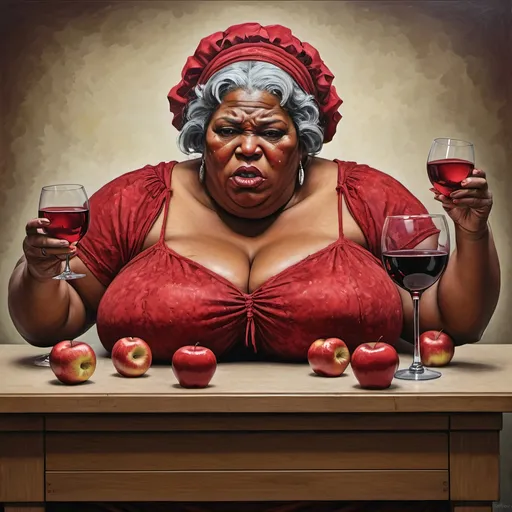 Prompt: Big Mama Bertha, Final Rage of Court Case, Flowing red Sadness, Wine of Anarchy, red apples by Daniel Overwall