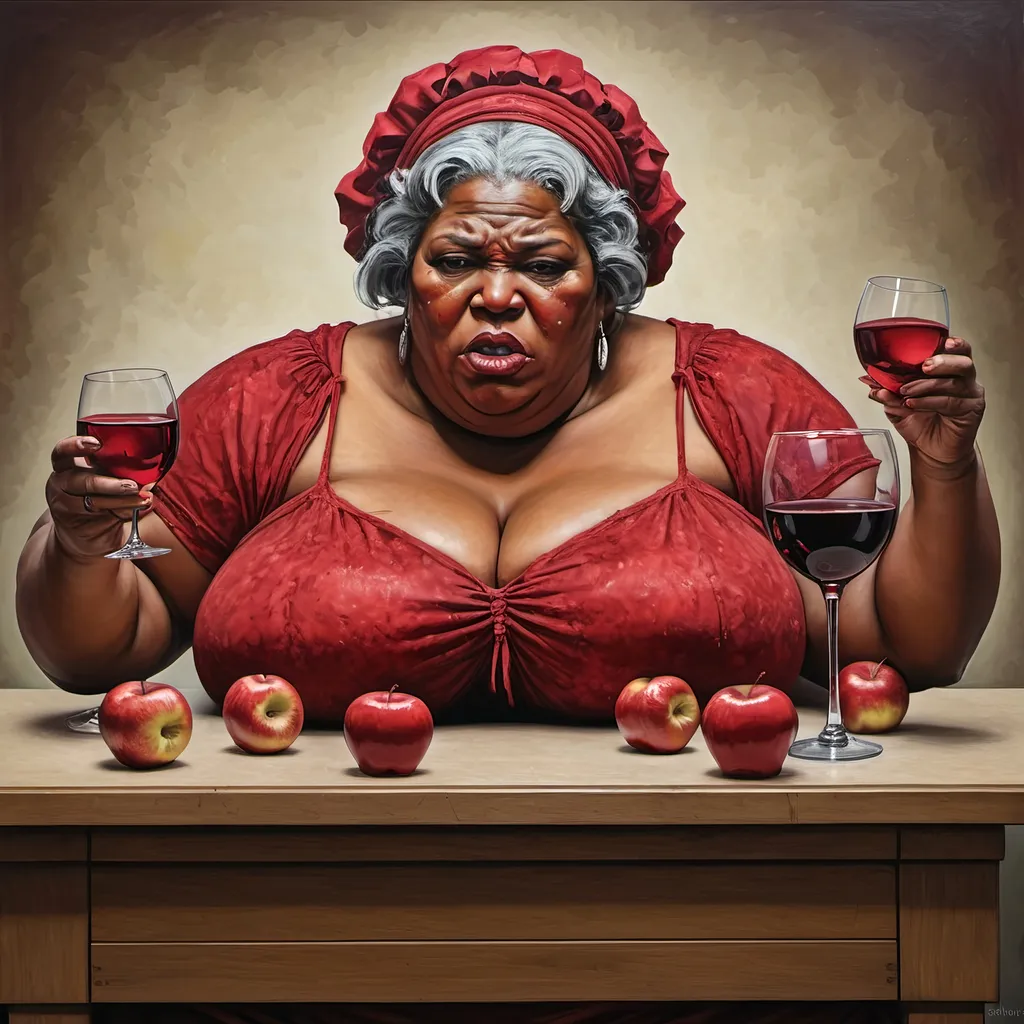 Prompt: Big Mama Bertha, Final Rage of Court Case, Flowing red Sadness, Wine of Anarchy, red apples by Daniel Overwall