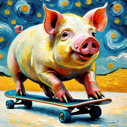 Prompt: skating pig in the style of van gogh.