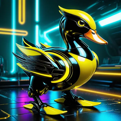Prompt: Tiny duck mech, metallic and sleek design, futuristic sci-fi style, intense yellow and black color scheme, sparkling neon lights, miniature scale, highres, ultra-detailed, sci-fi, futuristic, metallic sheen, intense color scheme, miniature scale, neon lights, detailed design, professional, atmospheric lighting