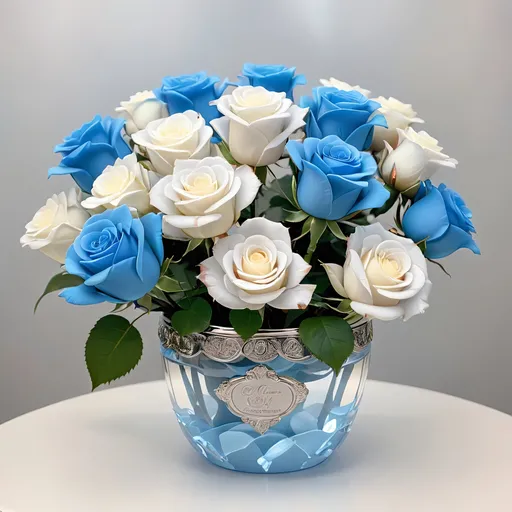 Prompt: Clear crystal pot with platinum accents, filled with light blue roses.