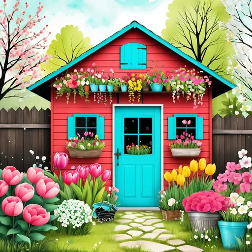 Prompt: textile garage sale trash polka art, large beautiful flower garden, cute little garden shed, Spring