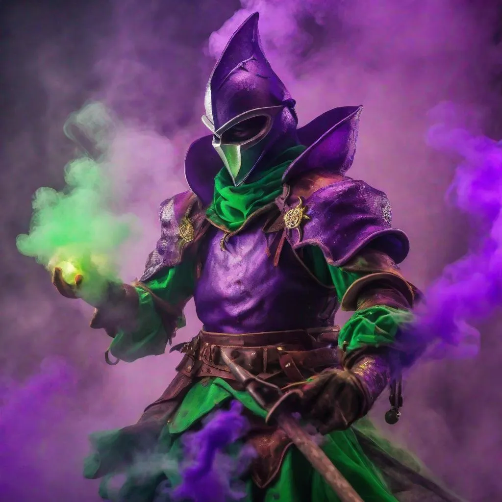 Prompt: A jester knight, colorful armor, unsettlingly strange, casting a spell, strange multicolored energy, dungeons and dragons, depth of field focused on the knight, covered in Purple and green smoke.