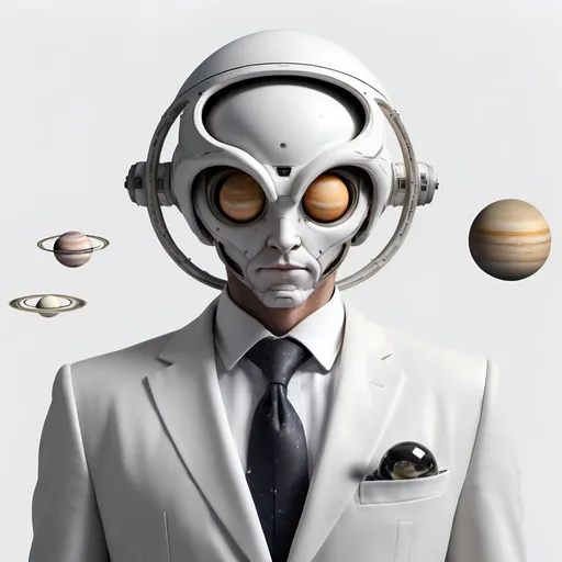 Prompt: a heliocentric humanoid with a head made of the planet Saturn, orbiting planets around head, rings, white background, hyperrealistic, wearing a suit, dynamic cinematic composition, full profile