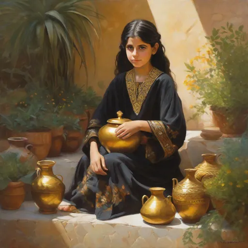 Prompt: A 10 year old Syrian girl, pale skin, black hair, pigtails, brown eyes, traditional Syrian dress, Old Damascus, surrounded by gold and onyx pots filled with different plants, photorealistic, extremely detailed painting by Greg Rutkowski by Steve Henderson