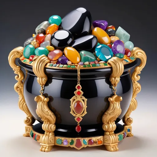 Prompt: giant Onyx and gold pot overflowing with gemstones  and treasures inside.