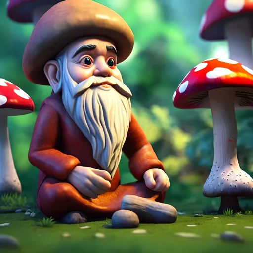 Prompt: a gnome meditating to expand his third eye. He sits criss-cross apple sauce on top of a large mushroom
