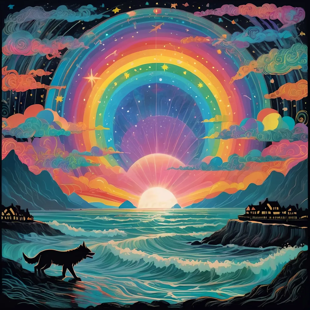 Prompt: fenrir over bifrost, in the style of 🌈 , folk-inspired illustrations, luminescent lightscapes, repeating pattern, celestialpunk, suffolk coast views, balinese 