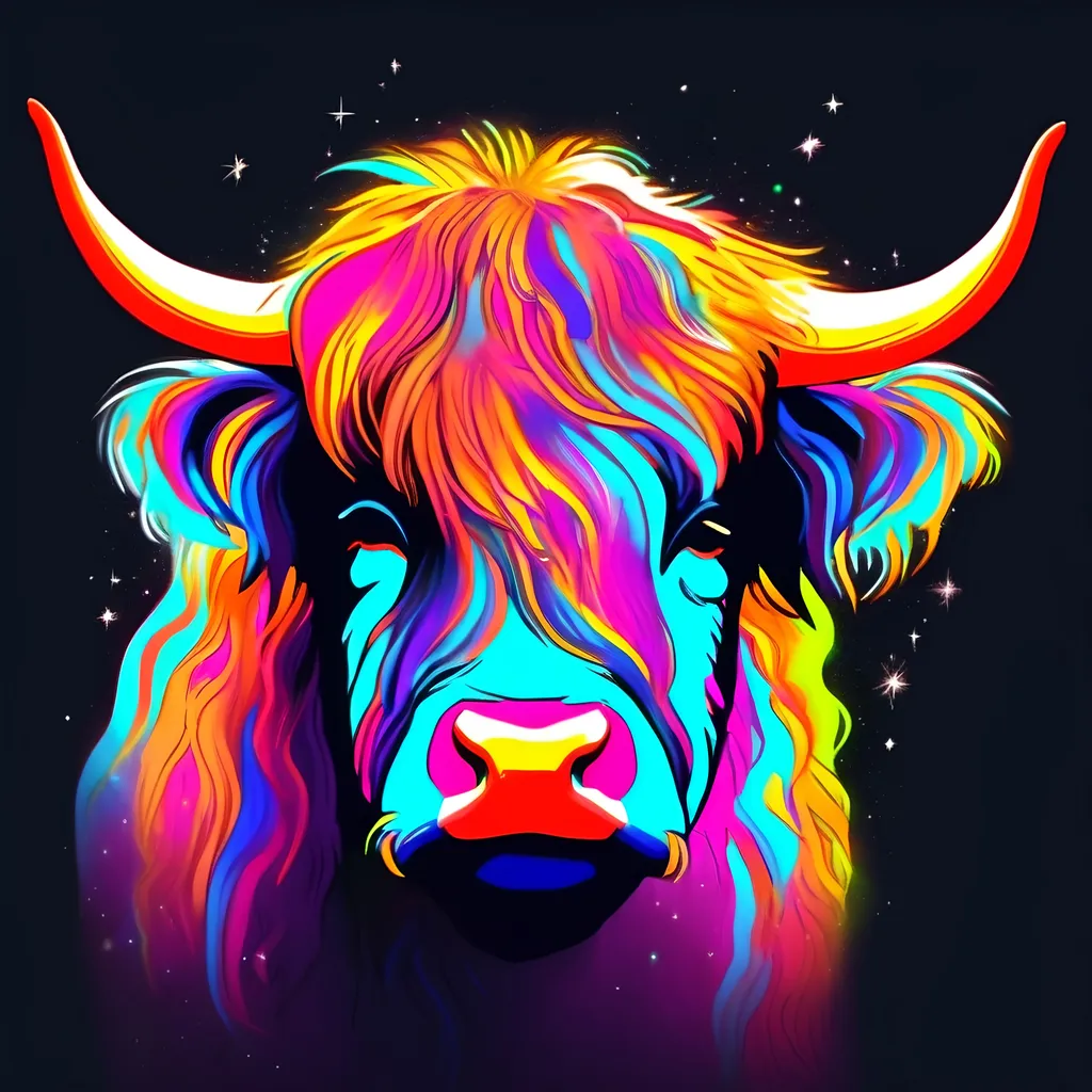 Prompt: dwarf highland cow with cosmic overlay. Neon colors.