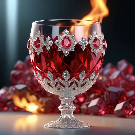 Prompt: Clear crystal goblet with intricate rubies, fire rises from it, high quality, detailed 3D rendering, elegant and luxurious, sparkling gemstones, crystal clear glass, vibrant and rich color reflections, sparkling diamonds, exquisite craftsmanship, luxury, high-res, ultra-detailed, 3D rendering, elegant, luxurious, intricate details, vibrant colors, sparkling gems, crystal clear, exquisite craftsmanship