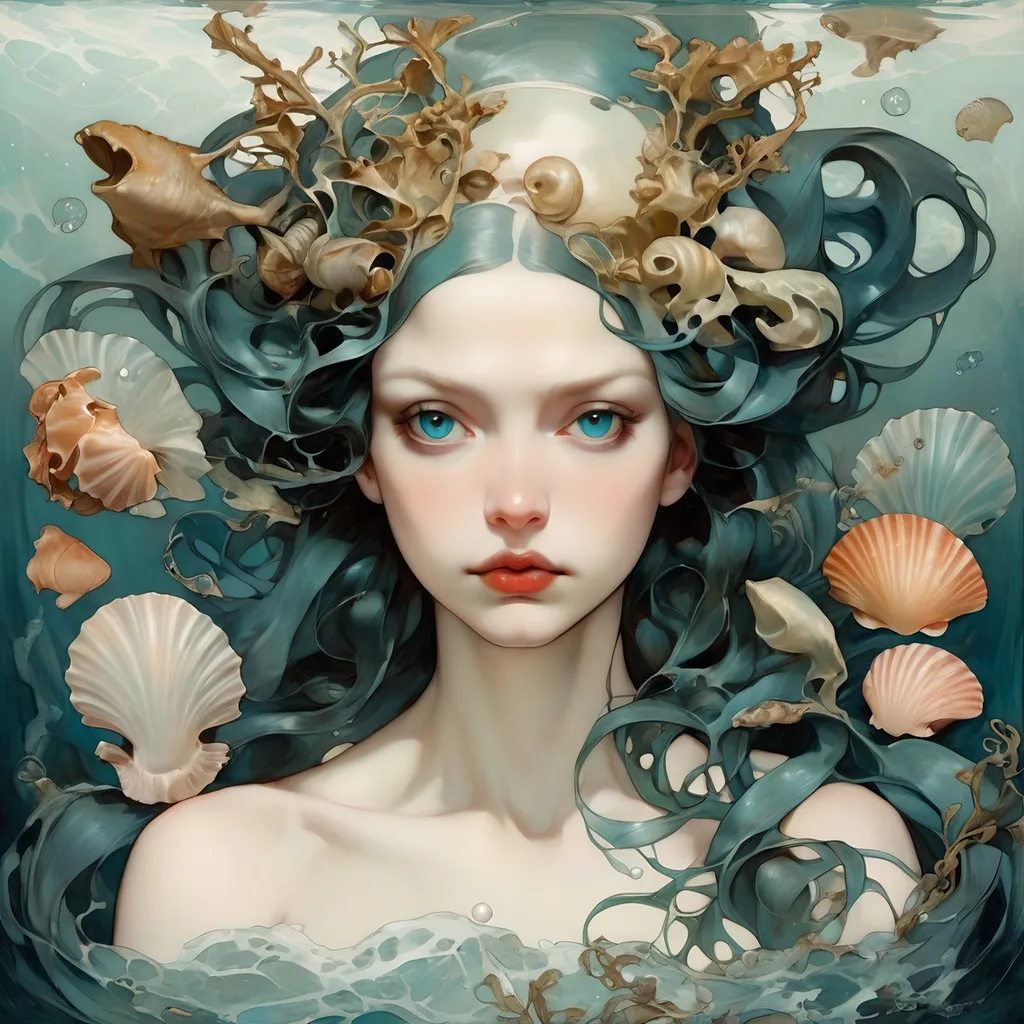 Prompt: sea siren, beauty, sinister slyph, goddess mode, kelp, shells, ferrotype, james jean, alphonse mucha