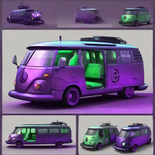 Prompt: Futuristic Volkswagen mini bus mechanized in a dystopian future. Make it green. Add neon lights and antennas to the mini bus. Add turrets and cannons.  Purple mist surrounds it.