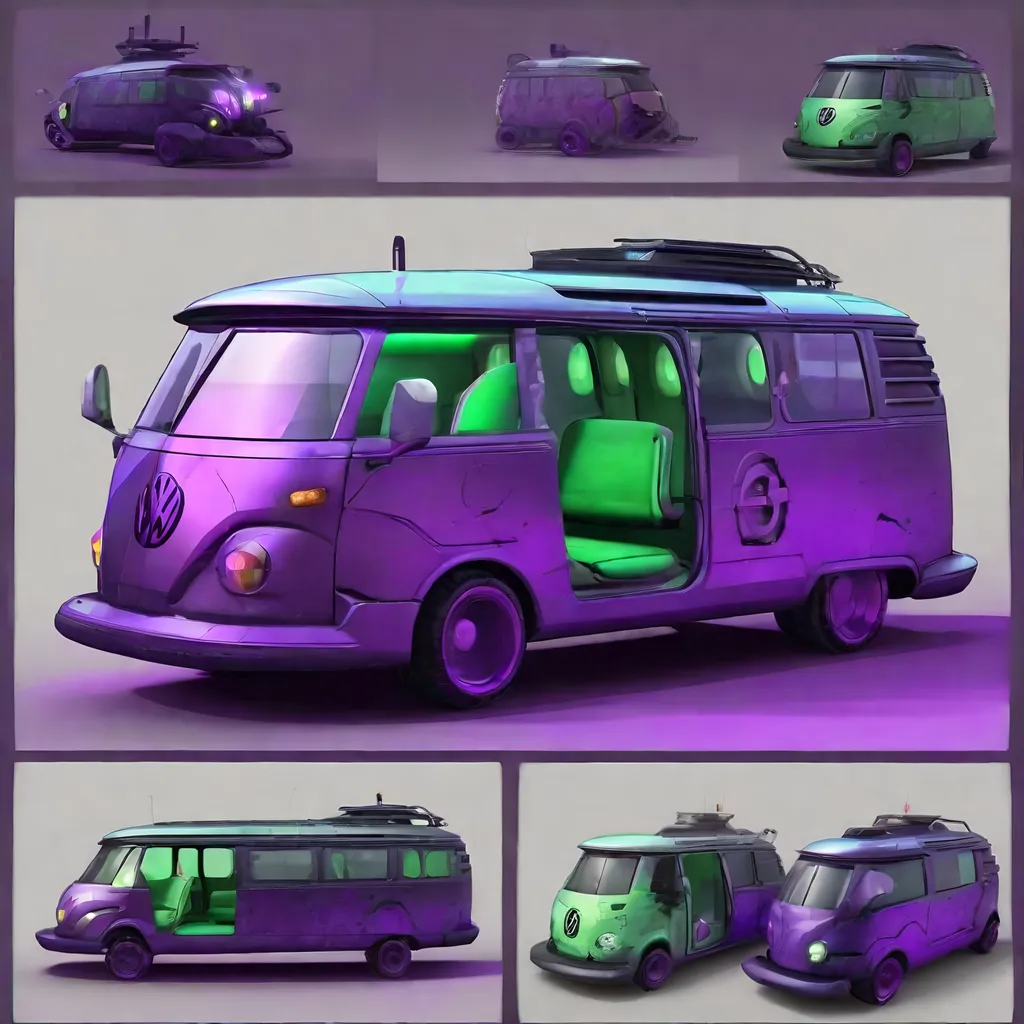 Prompt: Futuristic Volkswagen mini bus mechanized in a dystopian future. Make it green. Add neon lights and antennas to the mini bus. Add turrets and cannons.  Purple mist surrounds it.