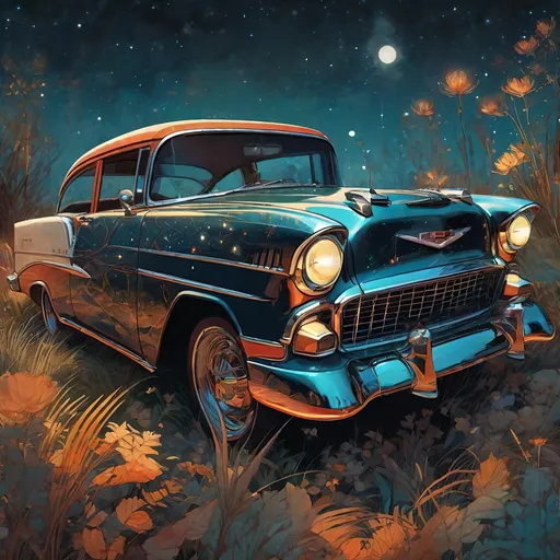 Prompt: a beautiful 55 chevy, starry sky, highly detailed, intricate motifs, organic tracery, perfect composition, digital painting, artstation, concept art, smooth, sharp focus, illustration, Carne Griffiths,  Victo ngai, Jean Baptiste Monge, shiny aura, old but robust, bright but deep 