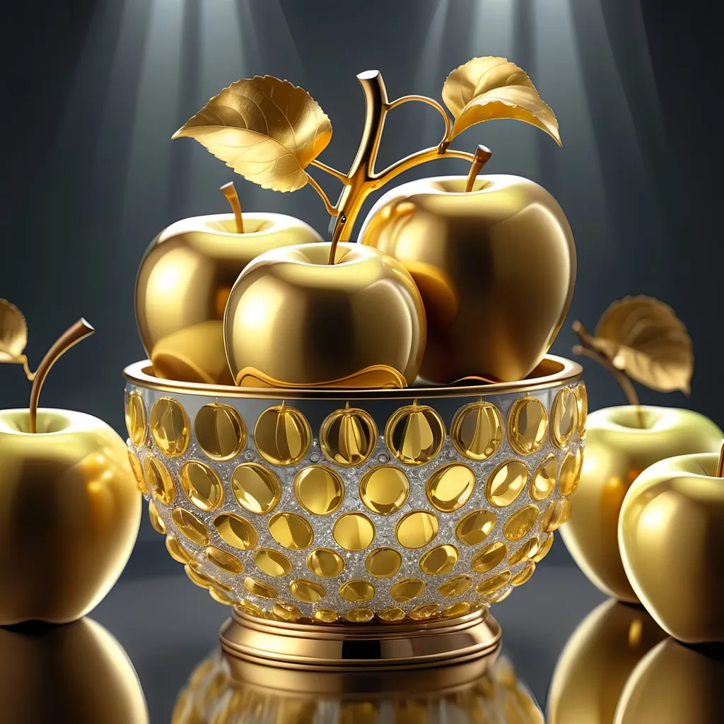 Prompt: Metallic gold apples in a crystal pot, high-quality 3D rendering, realistic, luxurious, golden lighting, detailed reflections, crystal-clear, opulent, elegant, gold, apples, crystal, luxury, 3D rendering, high-res, detailed, realistic lighting