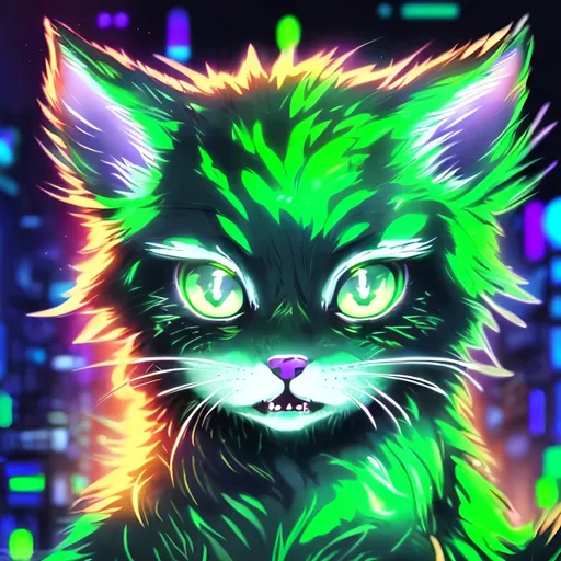 Prompt: Glowing green anime illustration of a playful kitten, vibrant shades of green, futuristic digital setting, neon lights in the background, radiant fur with luminous glow, big expressive eyes, high-tech collar, best quality, highres, ultra-detailed, anime, futuristic, glowing green, digital art, playful, vibrant, neon lights, luminous fur, expressive eyes, professional, futuristic lighting