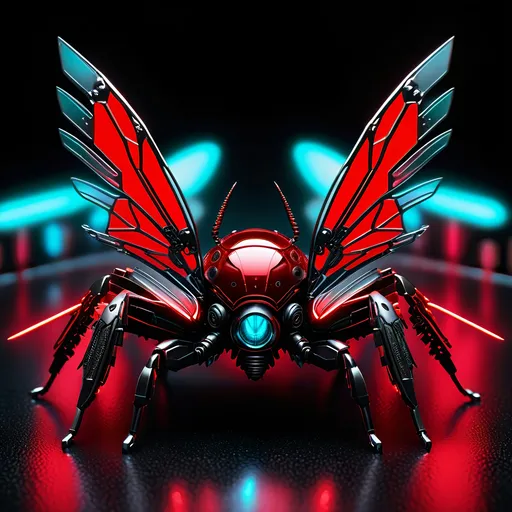 Prompt: Tiny jumping spider mech, metallic and sleek design, futuristic sci-fi style, detailed mechanical wings, intense red and black color scheme, sparkling neon lights, miniature scale, highres, ultra-detailed, sci-fi, futuristic, metallic sheen, mechanical wings, intense color scheme, miniature scale, neon lights, detailed design, professional, atmospheric lighting