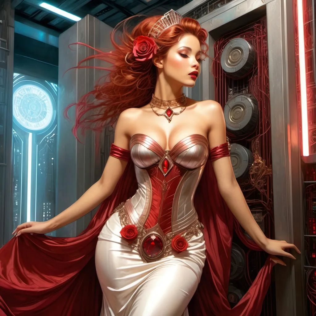 Prompt: Luis Royo masterpiece art style, light brown skinned fairytale princess, elaborate red, ruby, rose gold colored fantasy wedding gown, magically appears in a high security cyberpunk server room, thin, tall white bald man jumps back, surprised expression, elaborate gown details, high quality, detailed, fantasy, retro-futuristic, princess, cyberpunk, server room, rich color tones, dramatic lighting