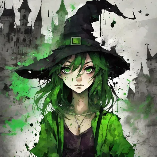 Prompt: Highly Detailed Ink Splatter Grunge, a big green eyed witchy cute girl, in a dark castle, Manga style, pretty face, full body, chipped peeling, cracked course, saturated colourful, textured paint, negative-digital, abstract background, intricate background, luminism, ultra detailed, 32k, Fantastic realism complex background, dynamic lighting, lights, digital painting, 3D effect, intricate pose, intricate highly detailed, art by Konstantin Makovsky, Mandy Disher and Victoria Francis
, Broken Glass effect, no background, stunning, something that even doesn't exist, mythical being, energy, molecular, textures, iridescent and luminescent scales, breathtaking beauty, pure perfection, divine presence, unforgettable, impressive, breathtaking beauty, Volumetric light, auras, rays, vivid colors reflects