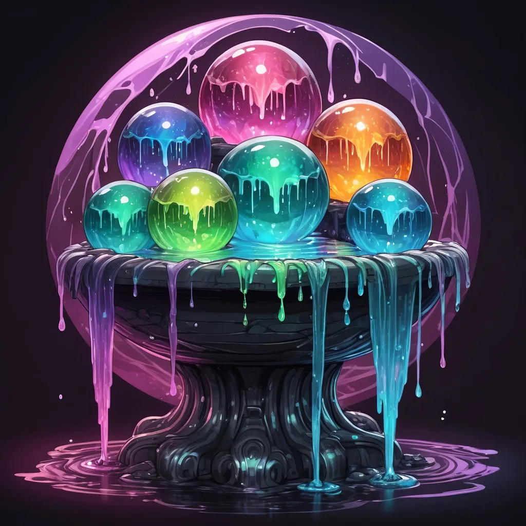 Prompt: A four-way fountain each side filled with strange glowing dancing crystal sphere dripping slime in many colors, in zen tangle art style
