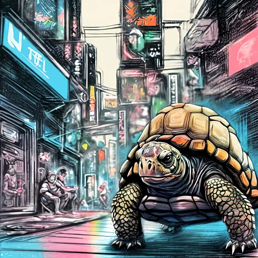 Prompt: pop art chalk pastel art of detailed tortoise wearing USA clothes playing in the streets in cyberpunk japan during a festival, sketch, detailed background, highres, fun atmosphere, natural lighting,  abstract, fun