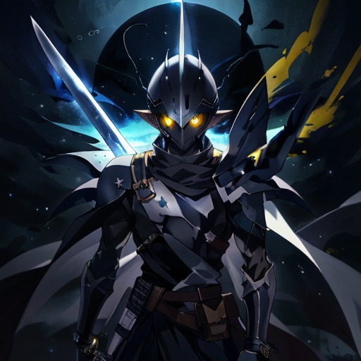 Prompt:  an anime character with a helmet flying through the dark void with a sword, solo, dark skin, pointy ears, yellow eyes, gloves, holding, facing away from the viewer, pouch