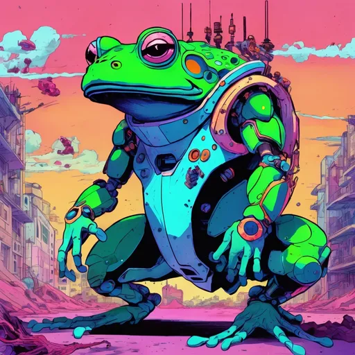 Prompt: Giant frog mech hunting some poor souls.
Science Fiction, Retrofuturism, Body horror, Cosmic Horror, Fine inking, Clean linework, comic illustration, flat shading, Colour transitions, Maximalism, Beautifully illustrated forms, beautiful background scenery, Warm and cold colour mix, Triadic colour palette, Dark vibrancy, Complexity, Storytelling, Dynamic Poses, High quality, Sharp focus, Tight colour range, Full scene, Filmic, 