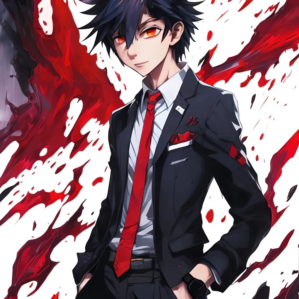 Prompt: shinji samadani an anime character wearing a suit, in the style of color splash, red and azure, klaus pillon, auto-destructive art, womancore, light brown and light black, trashcore --ar 45:64 --v 6.0