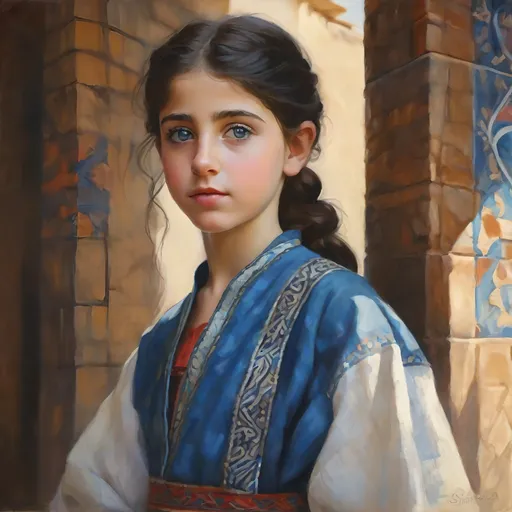 Prompt: A 13 years old Syrian girl, pale skin, black hair, pigtails, blue eyes, traditional Syrian dress, Old Damascus, photorealistic, extremely detailed painting by Greg Rutkowski by Steve Henderson