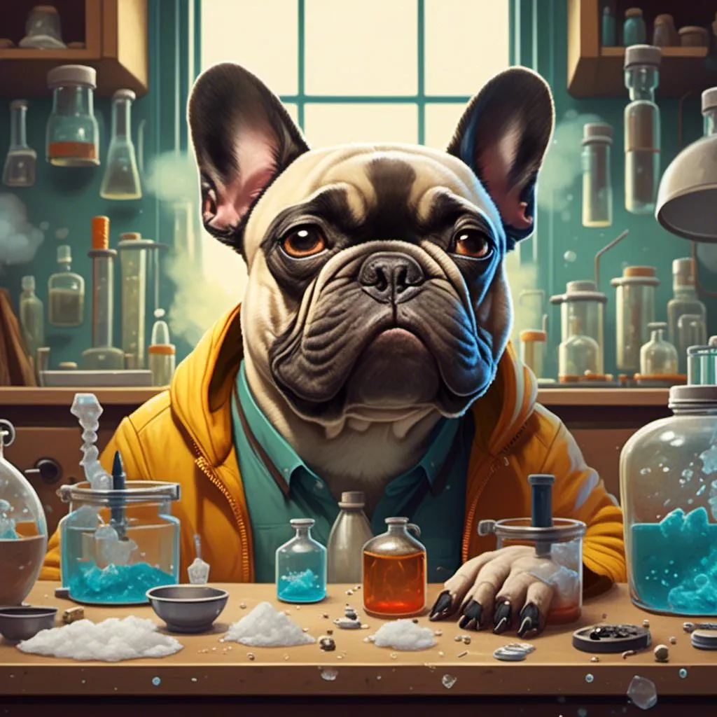 Prompt: <mymodel>French Bulldog synthesizing meth in a meth lab. 