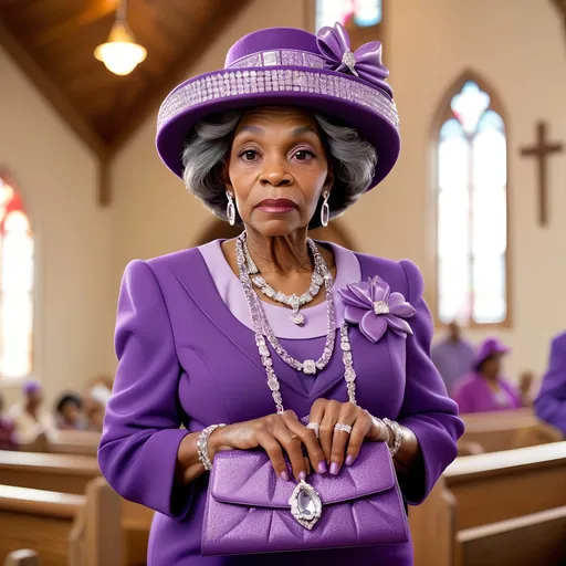 Prompt: elderly black woman in church. Wearing purple hat and purple church outfit.Wearing diamond encrusted purse, diamond chains and diamond rings. Purse is full of 100 dollar bills.