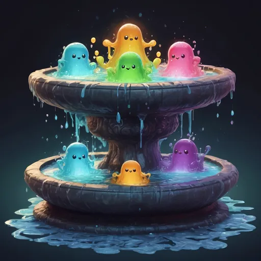 Prompt: A four-way fountain each side filled with strange glowing dancing slimes in many colors, in zen tangle art style
