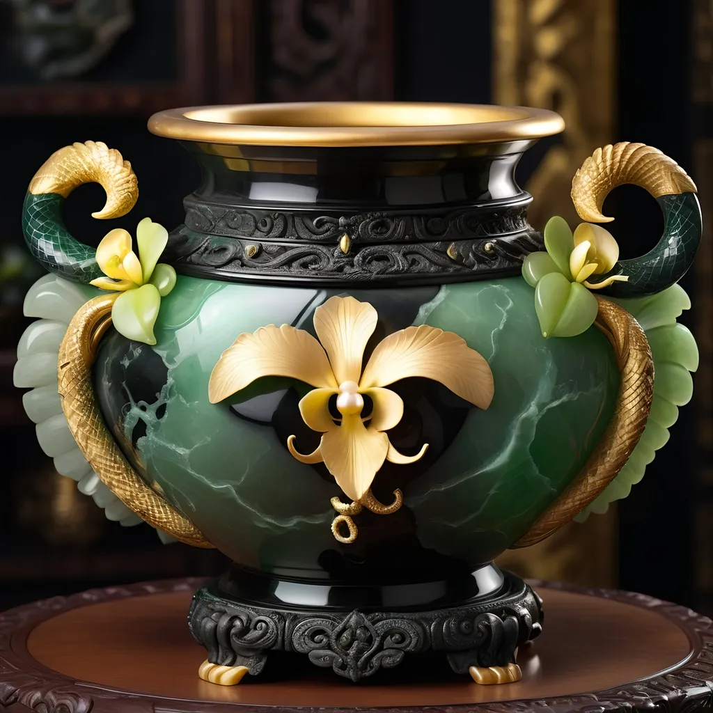 Prompt: Onyx and jade pot, gold serpent handles, ancient mystical artifact, detailed carvings, luxurious material, high quality, fantasy, antique style, rich green and black tones, dramatic lighting, intricate details, orchids inside