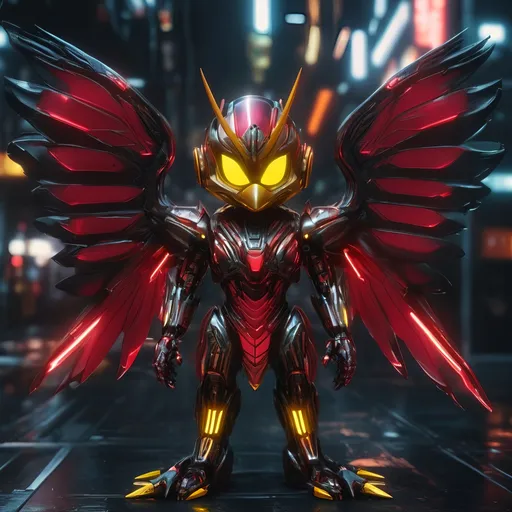 Prompt: small kawaii style duck mech, metallic and sleek design, futuristic sci-fi style, intense yellow and red color scheme, sparkling neon lights, mech wings, miniature scale, highres, ultra-detailed, sci-fi, futuristic, metallic sheen, intense color scheme, miniature scale, neon lights, detailed design, professional, atmospheric lighting