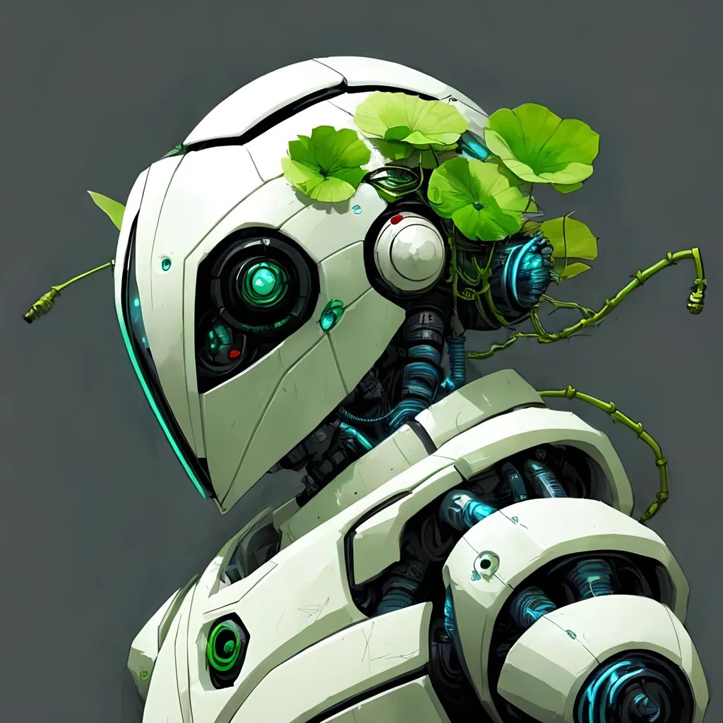 Prompt: cartoon white lotus mantis robot , cyberpunk tones, cyberpunk colors, mechanical environnement with vines and vegetation
