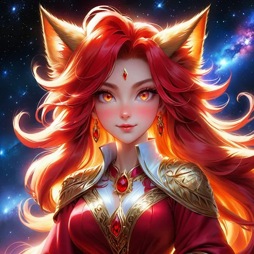 Prompt: wizard cat with {red fur} and {ruby red eyes}, senior she-cat, fire element, flame, Erin Hunter, gorgeous anime portrait, beautiful cartoon, 2d cartoon, beautiful 8k eyes, elegant {red fur}, pronounced scar on chest, fine oil painting, modest, gazing at viewer, beaming red eyes, glistening red fur, low angle view, zoomed out view of character, 64k, hyper detailed, expressive, timid, graceful, beautiful, expansive silky mane, deep starry sky, golden ratio, precise, perfect proportions, vibrant, standing majestically on a tall crystal stone, hyper detailed, complementary colors, UHD, HDR, top quality artwork, beautiful detailed background, unreal 5, artstaion, deviantart, instagram, professional, masterpiece