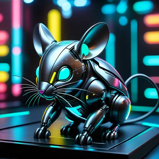 Prompt: Tiny mouse mech, metallic and sleek design, futuristic sci-fi style, intense grey and black color scheme, sparkling neon lights, miniature scale, highres, ultra-detailed, sci-fi, futuristic, metallic sheen, intense color scheme, miniature scale, neon lights, detailed design, professional, atmospheric lighting