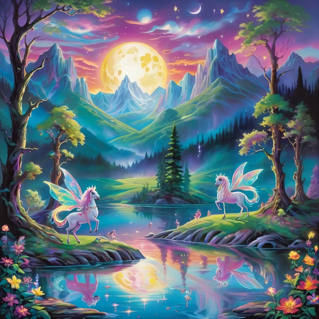 Prompt: Lisa Frank's style portrays a medieval legend where ethereal beings, illuminated as will-o'-the-wisps, dance around an ancient, moonlit lake. The scene is rich in romantic symbolism, with the will-o'-the-wisps depicted as delicate, ghostly figures. Their dance creates a mesmerizing pattern of light, leading the viewer's eye through the mystical, moonlit waterscape. 