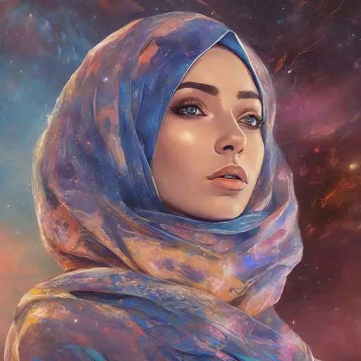 Prompt: Beautiful woman in hijab shooting galaxies from her eyes, digital illustration, cosmic atmosphere, intense gaze, flowing hijab with cosmic patterns, vibrant and dreamy, high quality, cosmic digital art, radiant colors, ethereal lighting