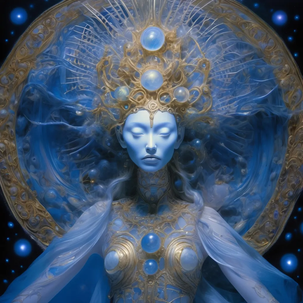 Prompt: celestial moon goddess wrapped in UV light tubes, by Guo Pei, Brian Froud, and Alex Grey 