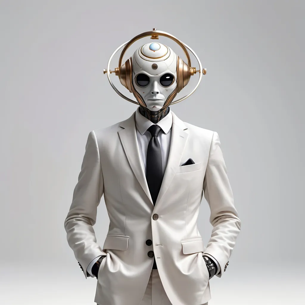 Prompt: a heliocentric humanoid with a head made of the planet Saturn, orbiting planets around head, rings, white background, hyperrealistic, wearing a suit, dynamic cinematic composition, full profile