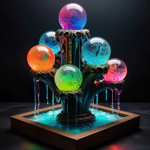 Prompt: Four-way fountain with strange glowing dancing crystal spheres, colorful dripping slime, zen tangle art style, high quality, detailed, glowing crystals, colorful slime, intricate zen tangle art, vibrant, surreal lighting