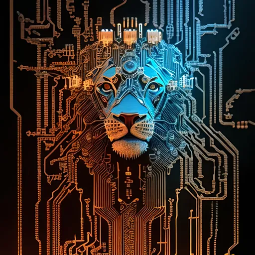 Prompt: Detailed illustration of a lion's head, circuit board, techno internet style, intricate circuitry details, high quality, cyberpunk, futuristic, lion's head, circuit board, intricate details, professional, futuristic, internet style, highres, ultra-detailed, cool tones, atmospheric lighting