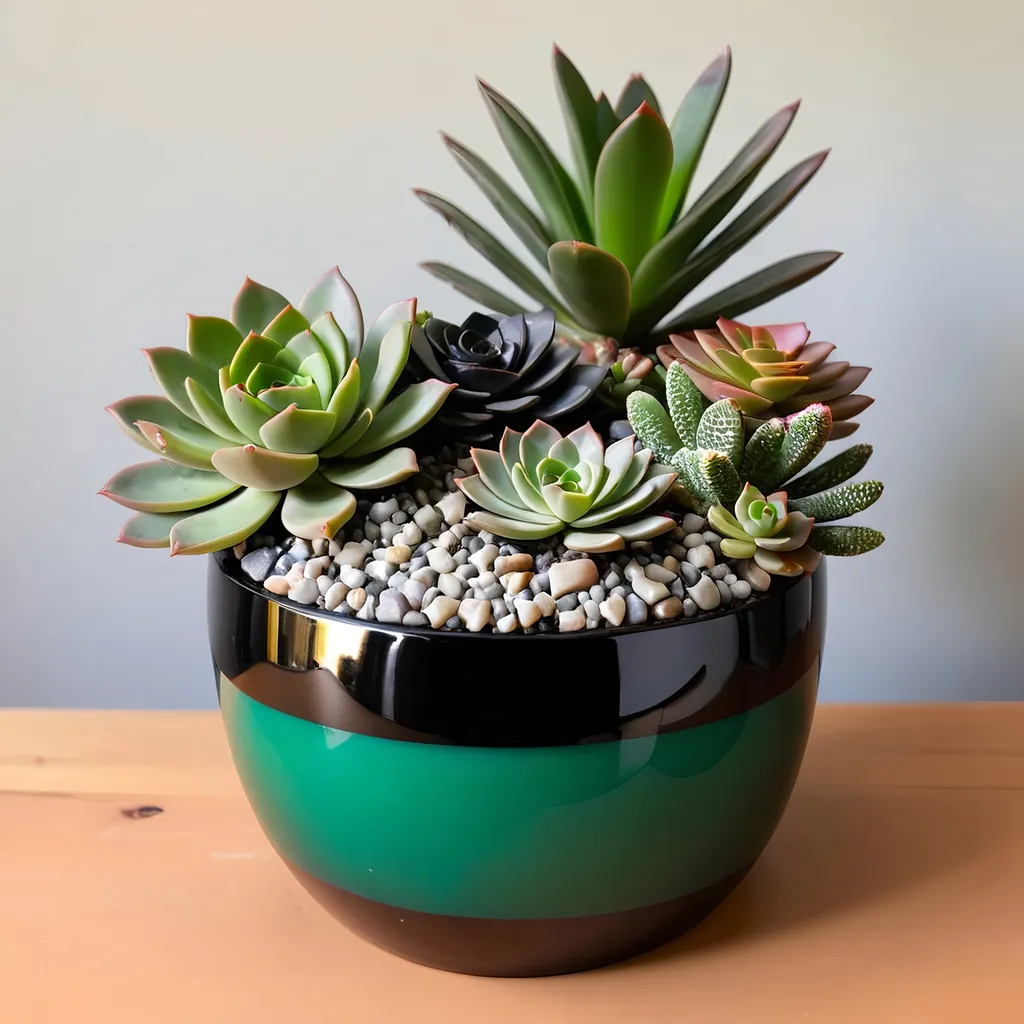 Prompt: Onyx and emerald pot, succulents inside