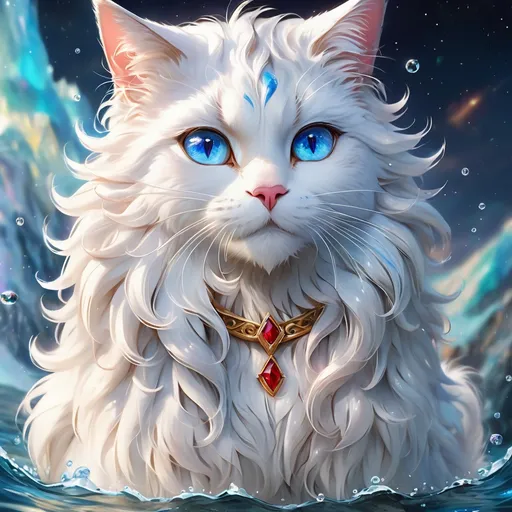 Prompt: wizard cat with {white fur} and {ruby blue eyes}, senior female cat, water element, water, Erin Hunter, gorgeous anime portrait, beautiful cartoon, 2d cartoon, beautiful 8k eyes, elegant {blue fur}, pronounced scar on chest, fine oil painting, modest, gazing at viewer, beaming blue eyes, glistening white fur, low angle view, zoomed out view of character, 64k, hyper detailed, expressive, timid, graceful, beautiful, expansive silky mane, deep starry sky, golden ratio, precise, perfect proportions, vibrant, standing majestically on a tall crystal stone, hyper detailed, complementary colors, UHD, HDR, top quality artwork, beautiful detailed background, unreal 5, artstaion, deviantart, instagram, professional, masterpiece