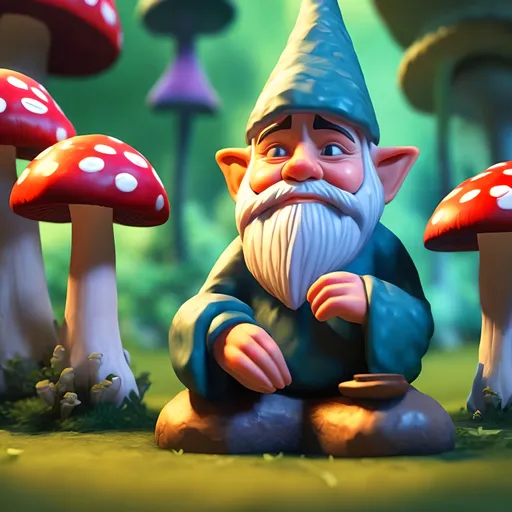 Prompt: a gnome meditating to expand his third eye. He sits criss-cross apple sauce on top of a large mushroom
