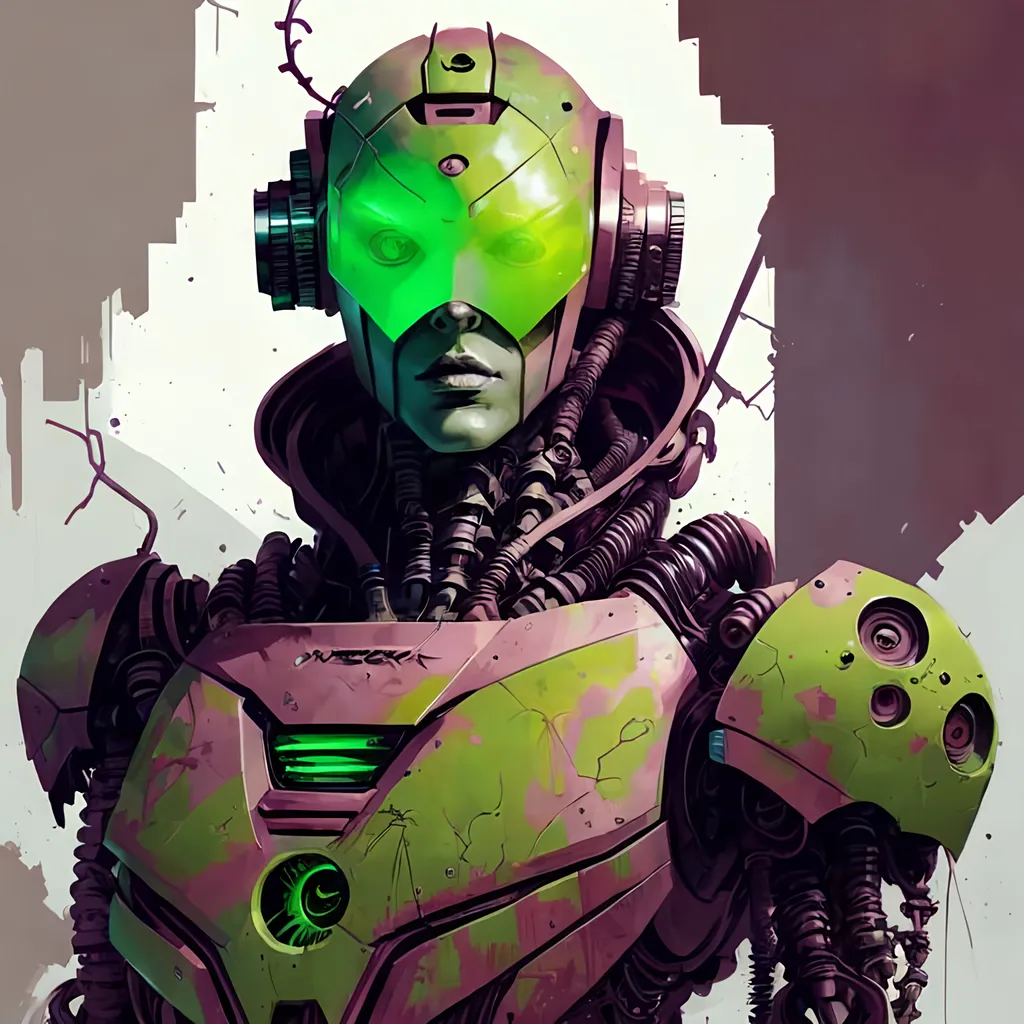 Prompt: cartoon locust robot , cyberpunk tones, cyberpunk colors, mechanical environnement with vines and vegetation
