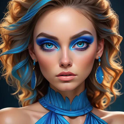 Prompt: Woman with vibrant blue eyeshadow, high-quality portrait, detailed makeup, realistic painting, vibrant colors, glamorous, professional lighting, intense gaze, highres, realistic, detailed, portrait, vibrant blue eyeshadow, glamorous makeup, professional, intense gaze, realistic painting, vibrant colors, realistic lighting