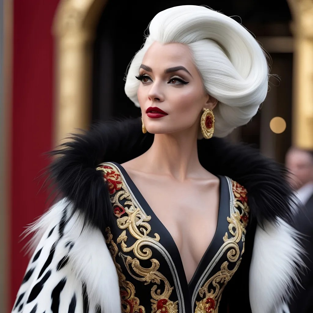 Prompt: Extremely accurated and detailed hyper realistic Cruella in a very detailed Versace dress 