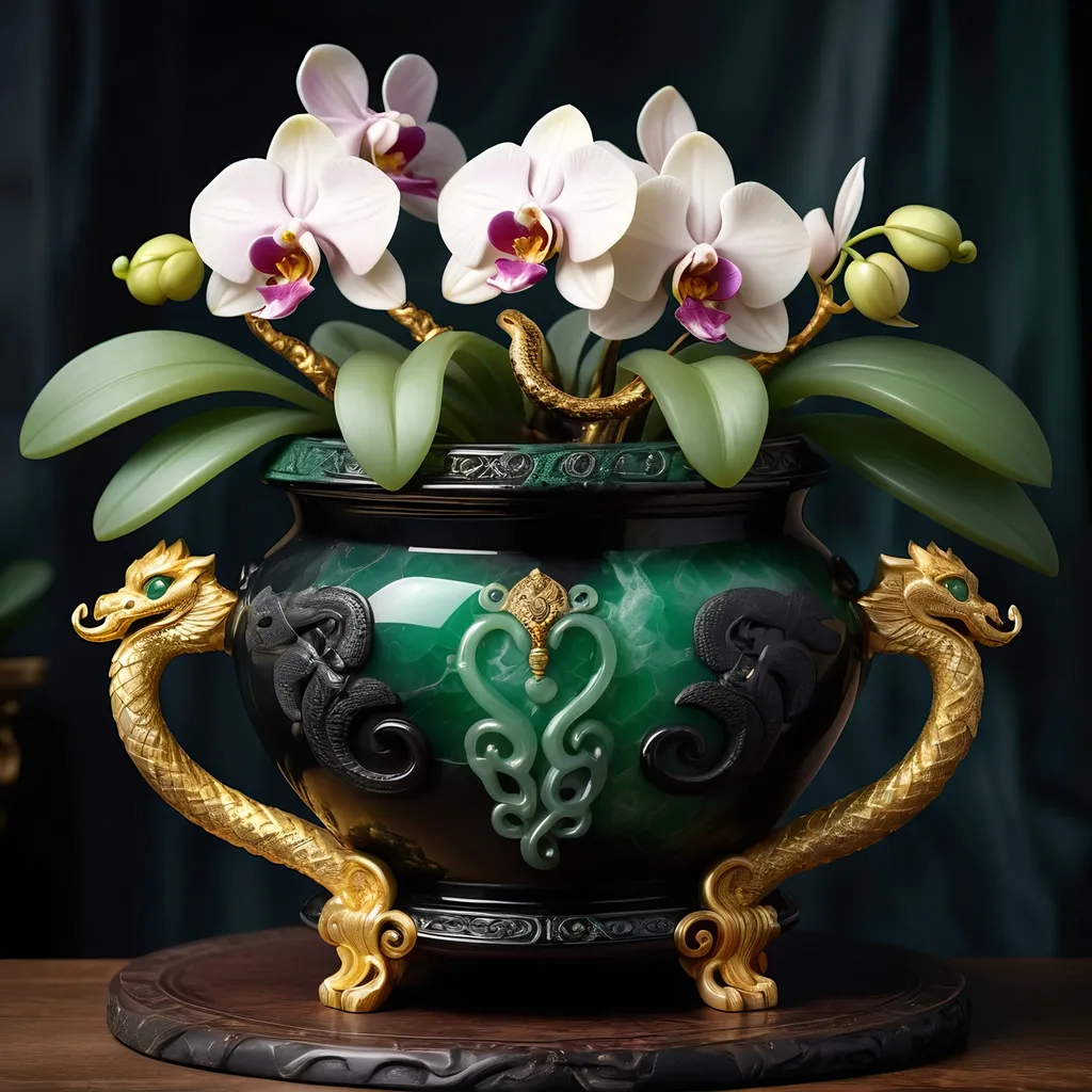 Prompt: Onyx and jade pot, gold serpent handles, ancient mystical artifact, detailed carvings, luxurious material, high quality, fantasy, antique style, rich green and black tones, dramatic lighting, intricate details, orchids inside